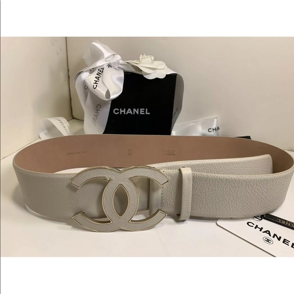CHANEL 08P RARE ⭐️ Leather Belt Cream Off White Ivory Gold CC Huge Y2K Big Logo - Picture 12 of 16